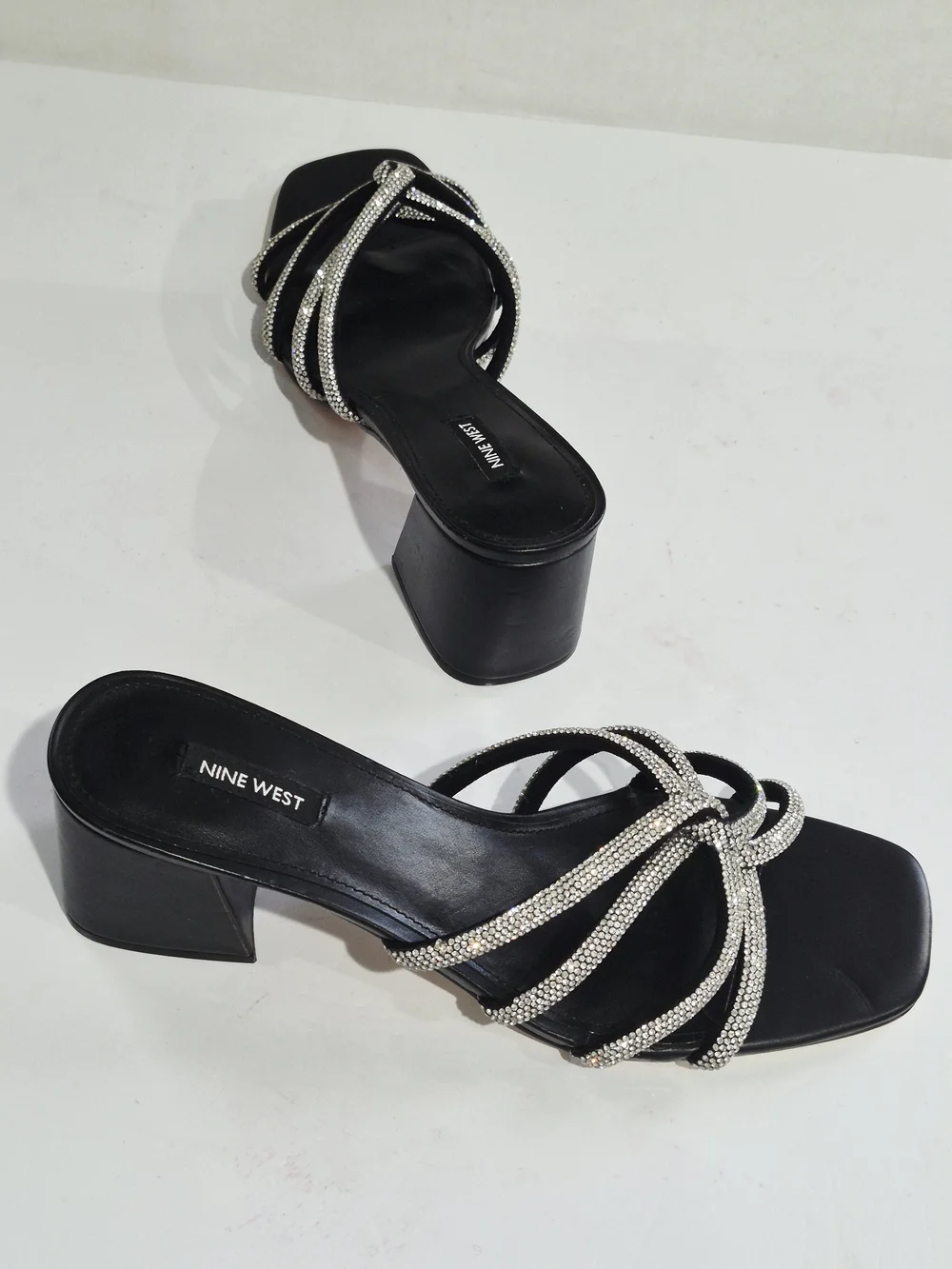 Nine West Black Heeled Slide Sandals with Silver Crystal Straps Size 12